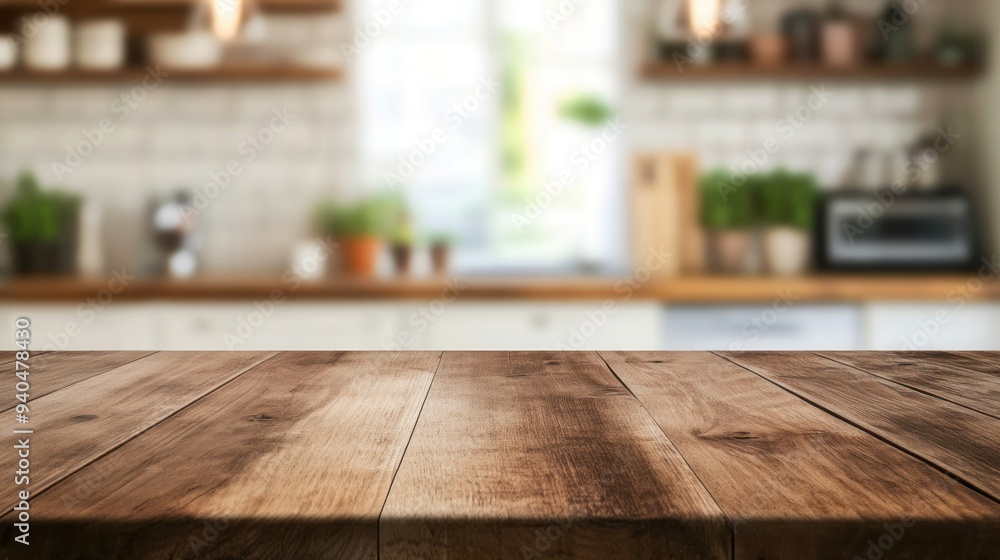 Wooden Tabletop with Blurred Kitchen Background Wooden Tabletop with Blurred Kitchen Background