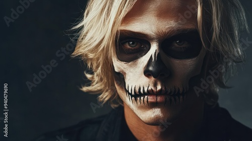 Halloween portrait blond man with skull makeup. Dia de los Muerto. Day of the dead Mexican holiday