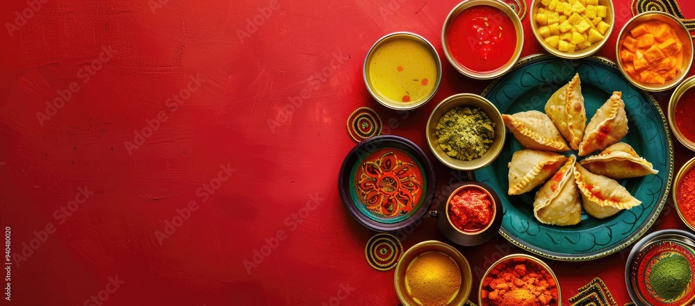 A vibrant and festive scene of traditional Indian delicacies, including samosa, samosas, sweets in small bowls placed on an ornate plate against the backdrop A vibrant and festive scene of traditional Indian delicacies, including samosa, samosas, sweets in small bowls placed on an ornate plate against the backdrop