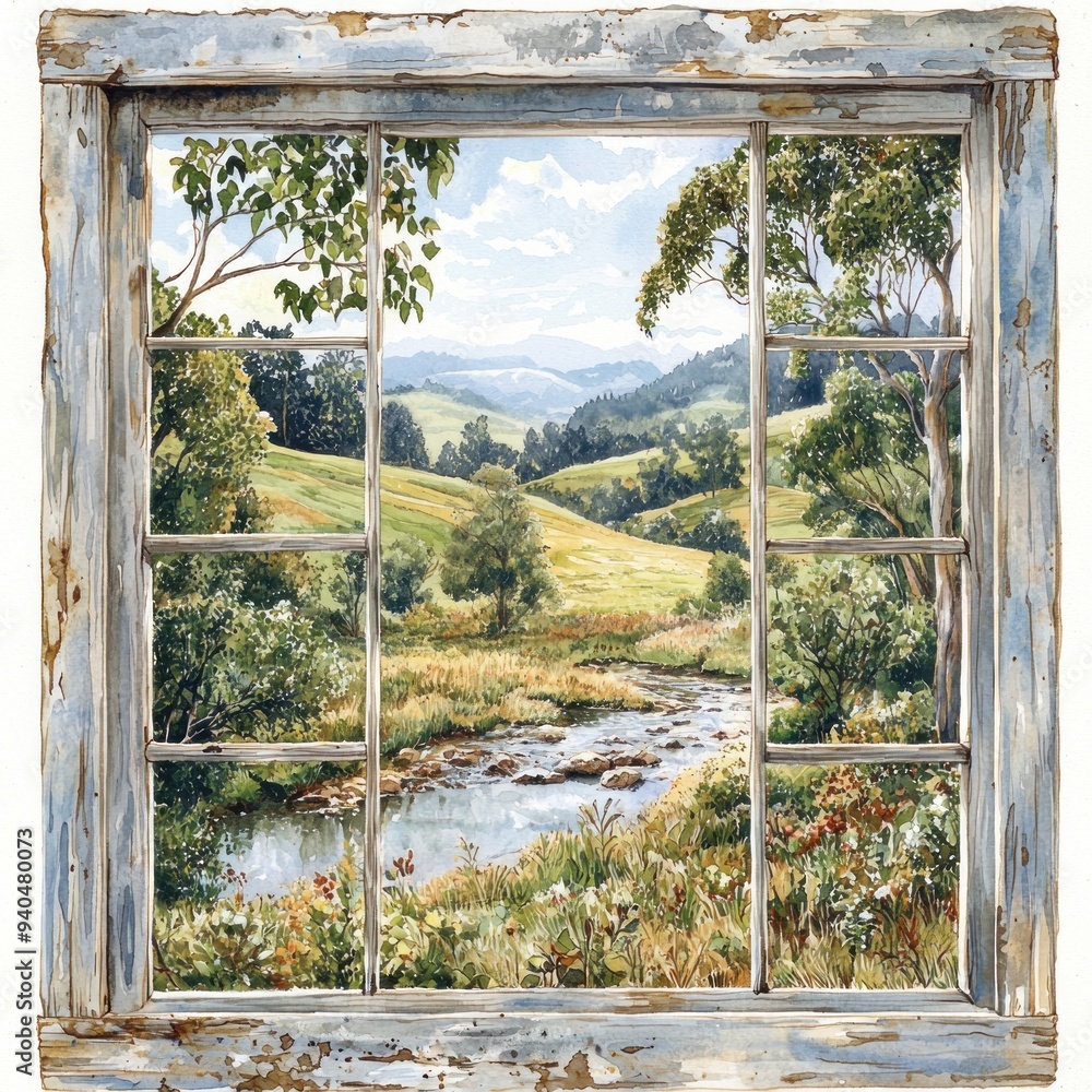 A high-resolution, high-quality image featuring a realistic view from a window, capturing a serene landscape with rolling hills and a gentle stream. The watercolor clipart illustration enhances the A high-resolution, high-quality image featuring a realistic view from a window, capturing a serene landscape with rolling hills and a gentle stream. The watercolor clipart illustration enhances the