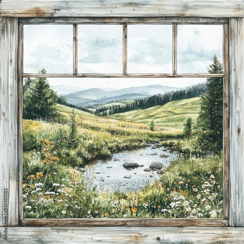 A high-resolution, high-quality image featuring a realistic view from a window, capturing a serene landscape with rolling hills and a gentle stream. The watercolor clipart illustration enhances the