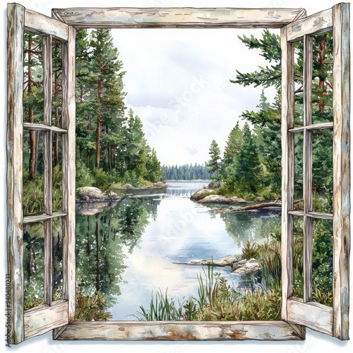 A high-quality, high-resolution photograph of a realistic window view, showcasing a picturesque landscape of a calm lake surrounded by pine trees. The watercolor clipart illustration enhances the