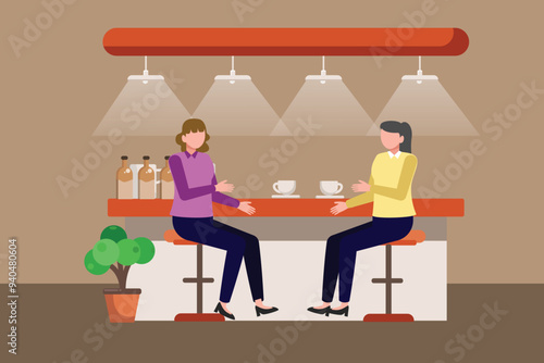 Hangouts with food and drinks. Colored flat vector illustration isolated.