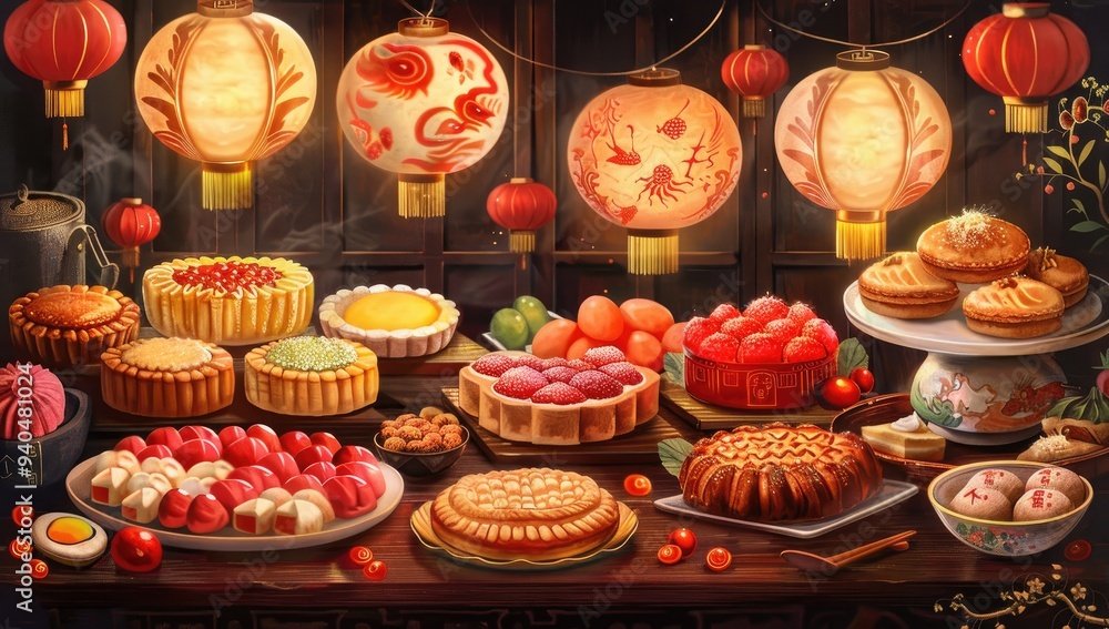 A vibrant and colorful illustration of Chinese pastries, with various delicacies such as egg tarts, buns, cakes, cookies, arranged on an elegant table setting. A vibrant and colorful illustration of Chinese pastries, with various delicacies such as egg tarts, buns, cakes, cookies, arranged on an elegant table setting.