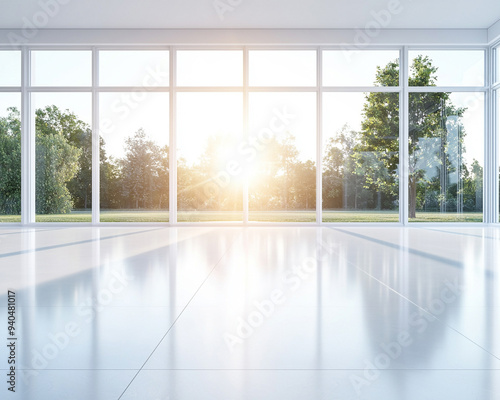 Bright and airy modern interior with large windows showcasing sunlight and greenery, perfect for a serene atmosphere.