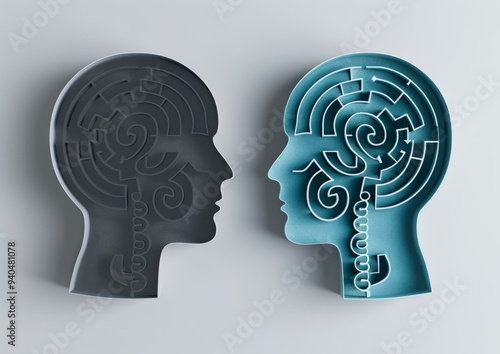 Two blue and gray heads with a maze in the middle. AI.