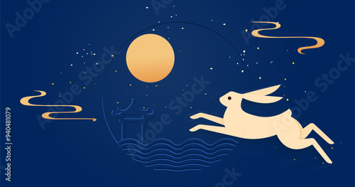 Mid-Autumn Festival vector illustration, full moon and jade rabbit