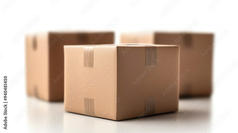 Obraz premium Three cardboard boxes arranged on a white background, suitable for shipping, storage, or packaging concepts.