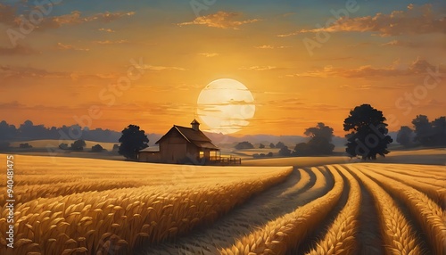 A scenic panromantic vintage  farm house and moon golden color variances illustrative wheat field outstanding outside view background.   photo