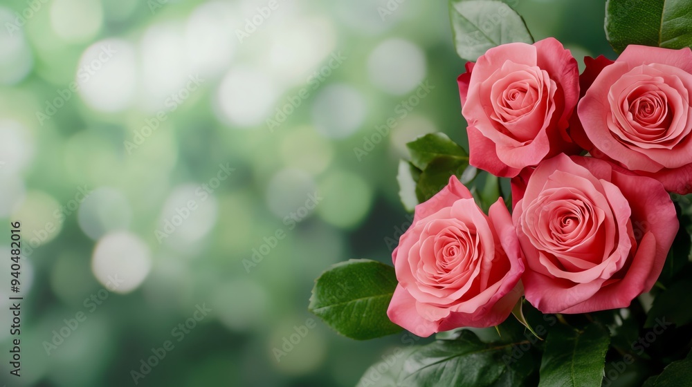 Close-up of a bouquet of pink roses with green leaves on a soft-focused, bokeh background, perfect for romantic or floral-themed designs. Close-up of a bouquet of pink roses with green leaves on a soft-focused, bokeh background, perfect for romantic or floral-themed designs.