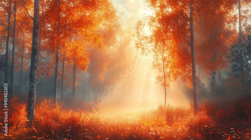 Sunlight streaming through a misty autumn forest