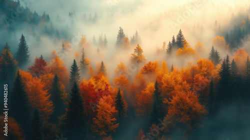 Aerial view of a mist-covered autumn forest