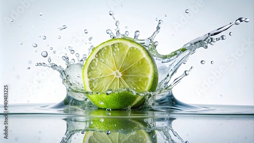 Lime splashing with water, creating a refreshing and bright image, lime, water, splash, fruit, green, summer, citrus