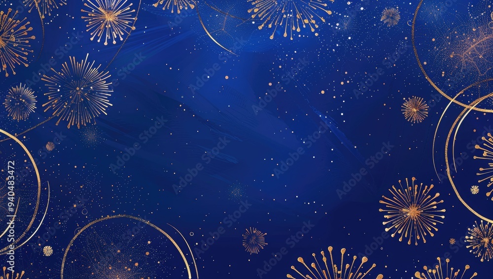 A blue background with golden fireworks in a simple and elegant style ...