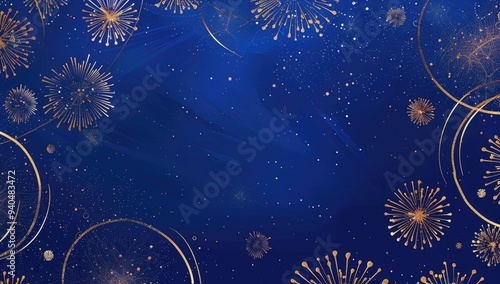 A blue background with golden fireworks in a simple and elegant style, with delicate gold foil lines forming circular patterns at the top of the picture.