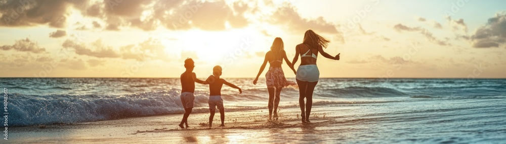 Family Silhouettes Enjoying a Sunset Beach Walk Family Silhouettes Enjoying a Sunset Beach Walk