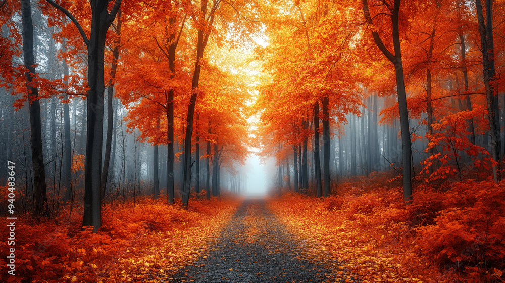 Fototapeta premium Path through a misty autumn forest with red foliage