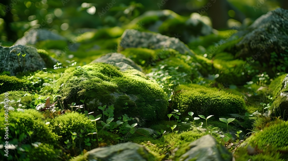 The thick forest with its rough stones and green moss The thick forest with its rough stones and green moss