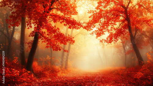 Enchanting autumn forest with vibrant red leaves and mist