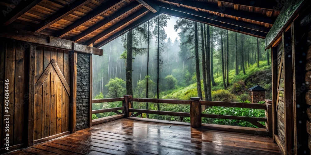 View from inside a wooden house during heavy rain in the forest, with a ...
