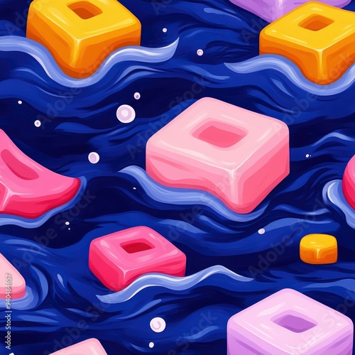 Abstract Colorful Geometric Shapes Floating on Water