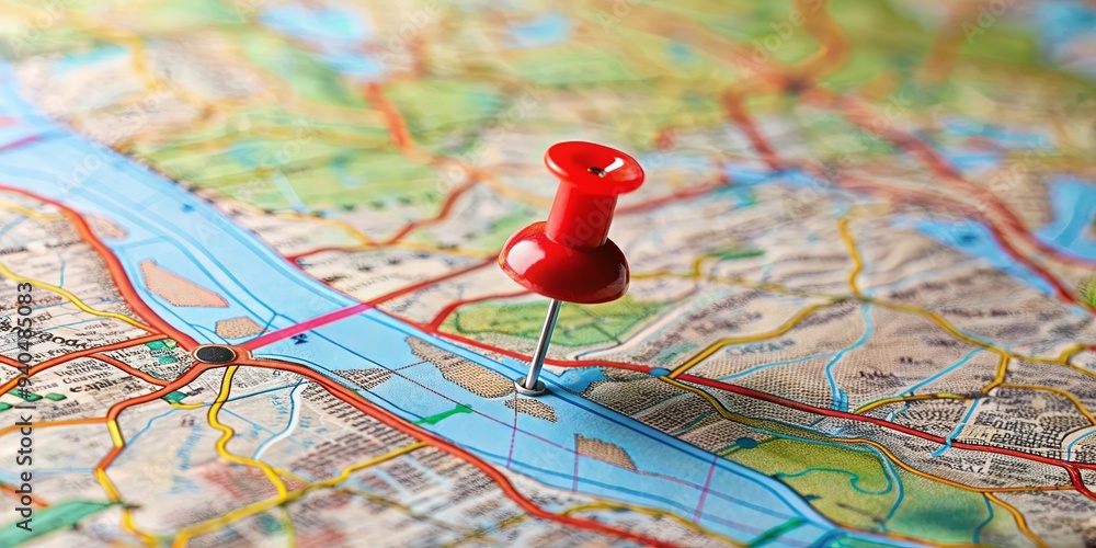 Red pin marking a location on a map, navigation, destination, travel, GPS, geography, exploration, point, direction Red pin marking a location on a map, navigation, destination, travel, GPS, geography, exploration, point, direction