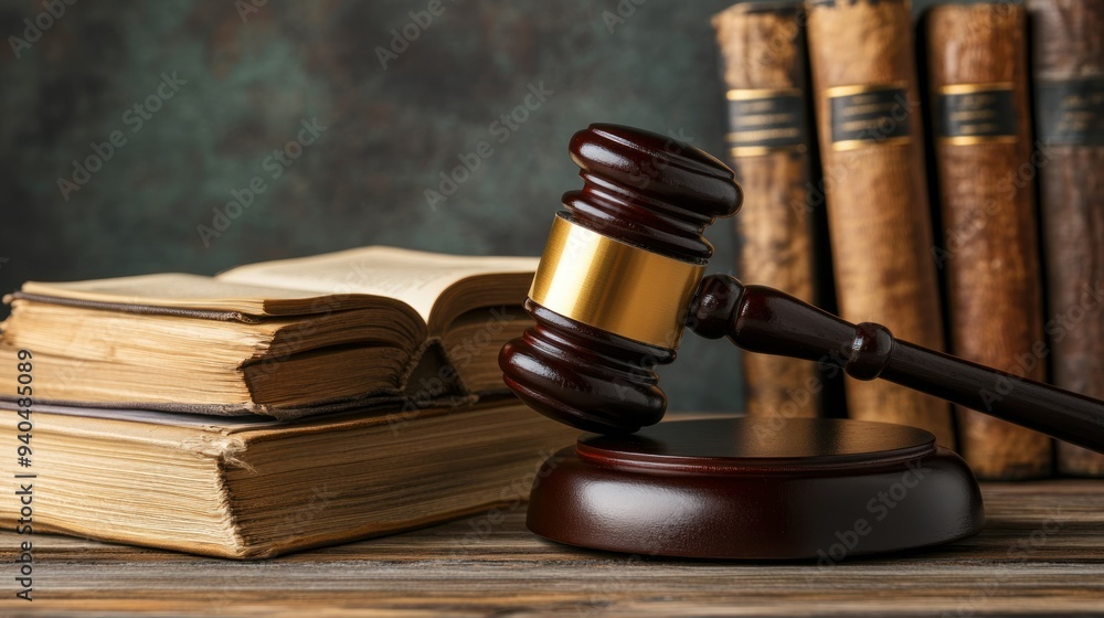 Gavel, Books, and Wooden Table in a Law Setting Gavel, Books, and Wooden Table in a Law Setting