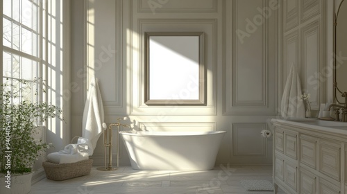 White Bathroom with Freestanding Tub and Ornate Millwork
