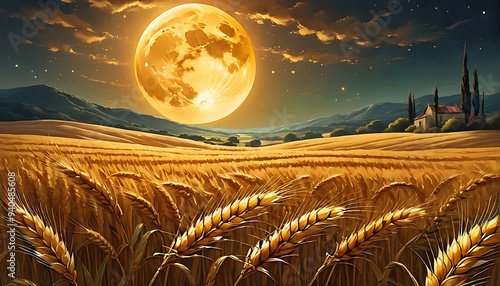 A scenic panromantic vintage  farm house and moon golden color variances illustrative wheat field outstanding outside view background.   photo