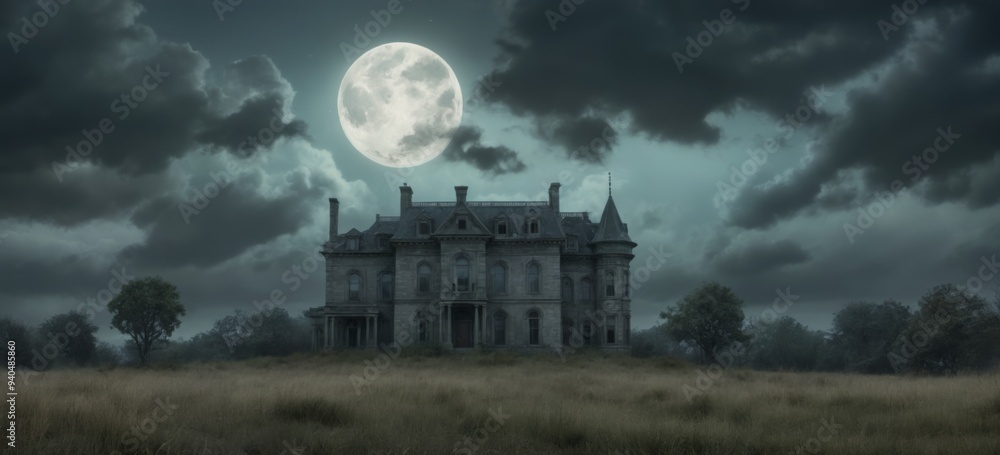 Eerie Digital Illustration of Abandoned Stone Mansion in Moonlit Eerie Digital Illustration of Abandoned Stone Mansion in Moonlit
