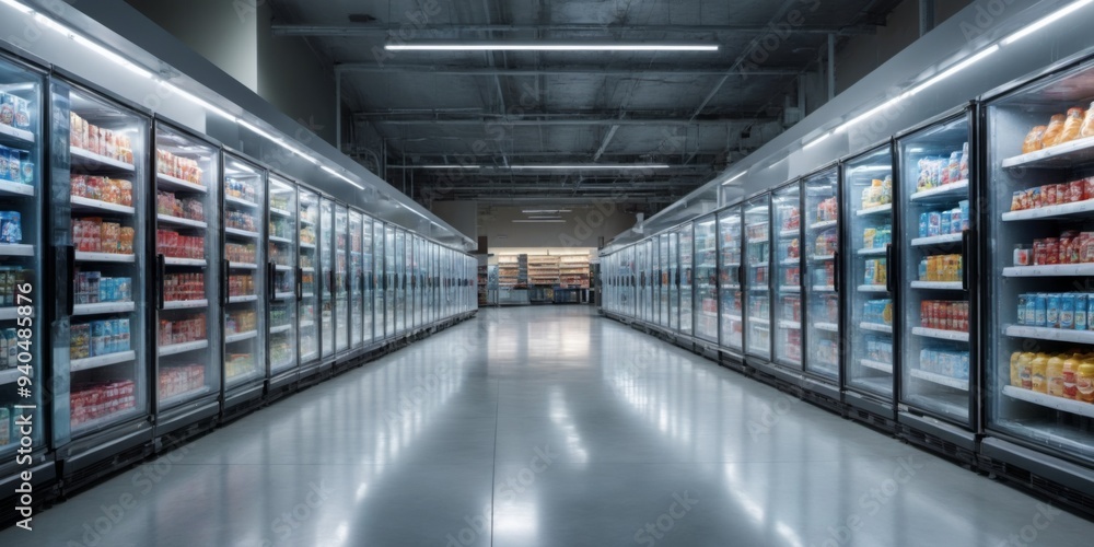 Supermarket Aisle with Refrigerators Filled with Various Food an Supermarket Aisle with Refrigerators Filled with Various Food an