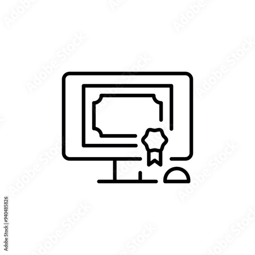 Online diploma icon. Simple outline icon representing a digital diploma or certification on a computer screen. Perfect for use in educational websites, e-learning platforms. Vector illustration.