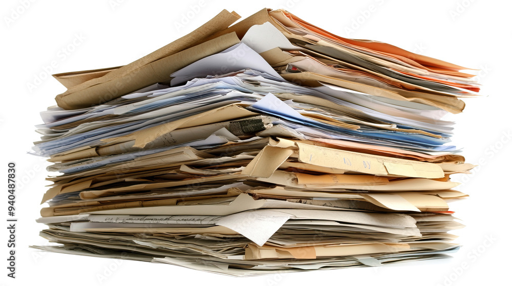 Disorganized stack of office documents and papers. Disorganized stack of office documents and papers.