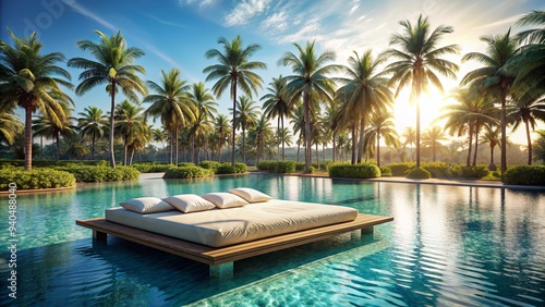 Vacation pool with luxurious matrass surface surrounded by palm trees , travel, vacation, pool, matrass, luxury