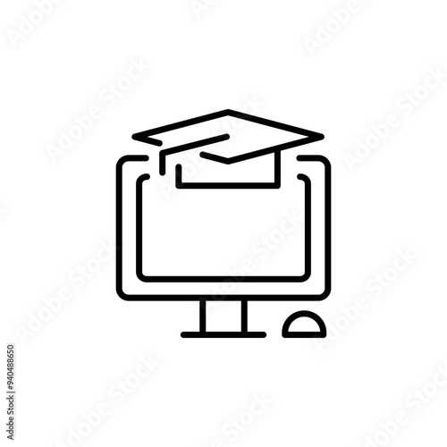 E-learning graduation icon. Outline icon representing online education with a computer monitor with a graduation cap. Ideal for use in digital learning platforms, online courses. Vector illustration.