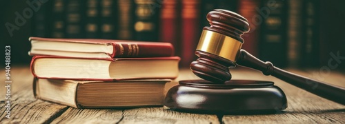 Gavel and Stack of Books on Wooden Surface photo