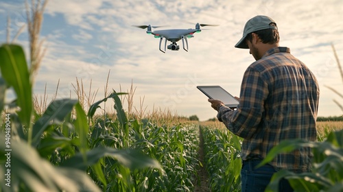 A drone flying over a cornfield while a farmer monitors it with a tablet