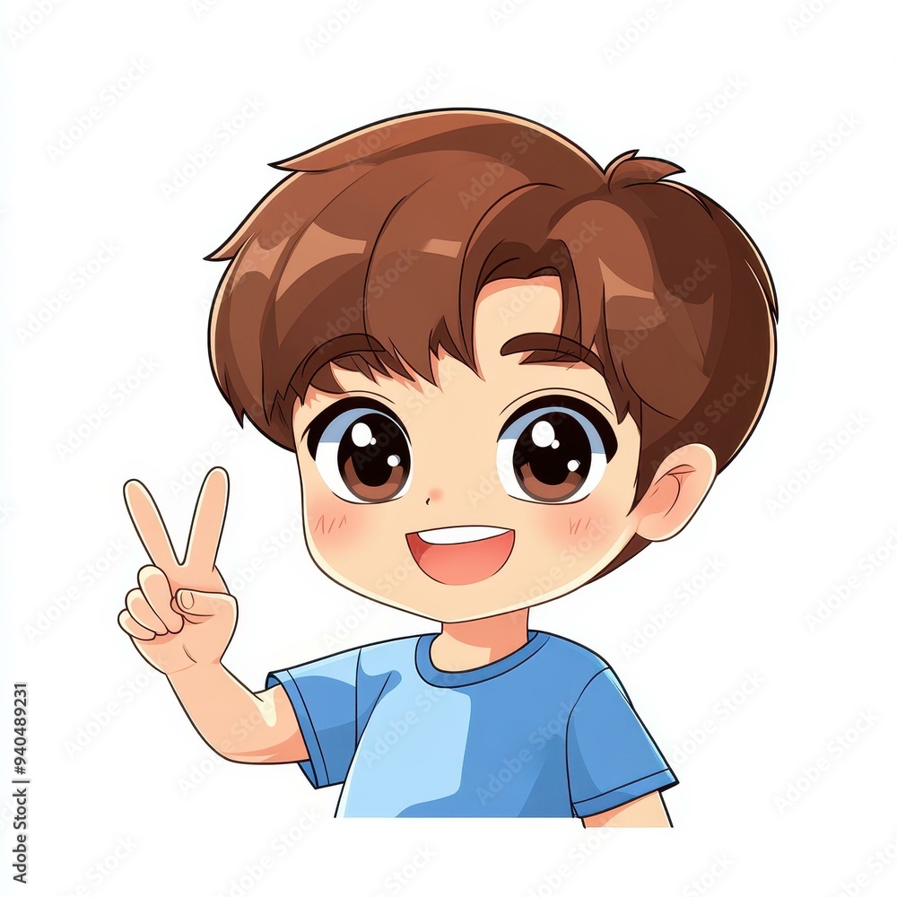 A stylish cartoon boy flashes a bright smile and peace sign, radiating joy against a vibrant background. A stylish cartoon boy flashes a bright smile and peace sign, radiating joy against a vibrant background.