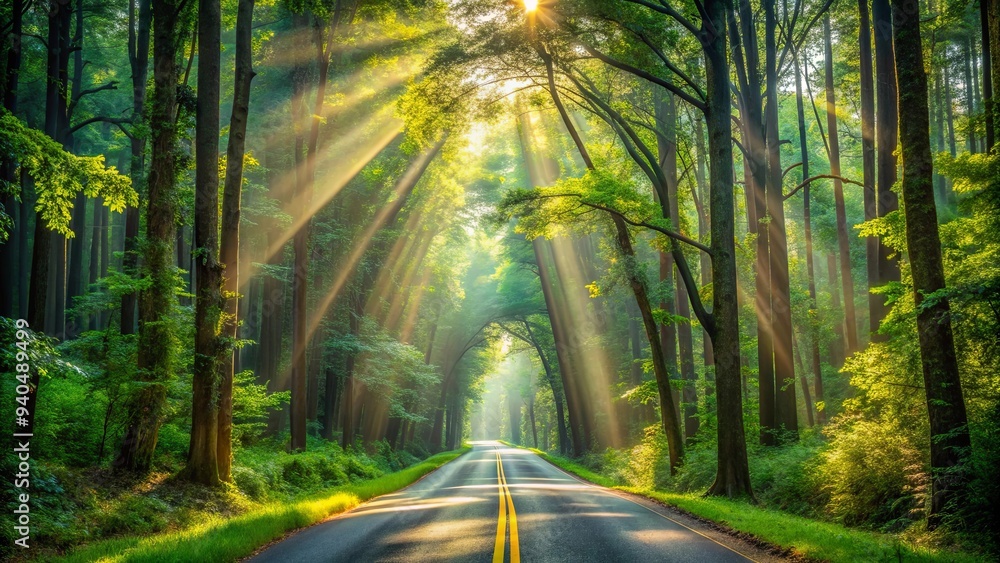 Scenic drive through a lush forest with tall trees and dappled sunlight shining through, scenic, route, forest, trees Scenic drive through a lush forest with tall trees and dappled sunlight shining through, scenic, route, forest, trees