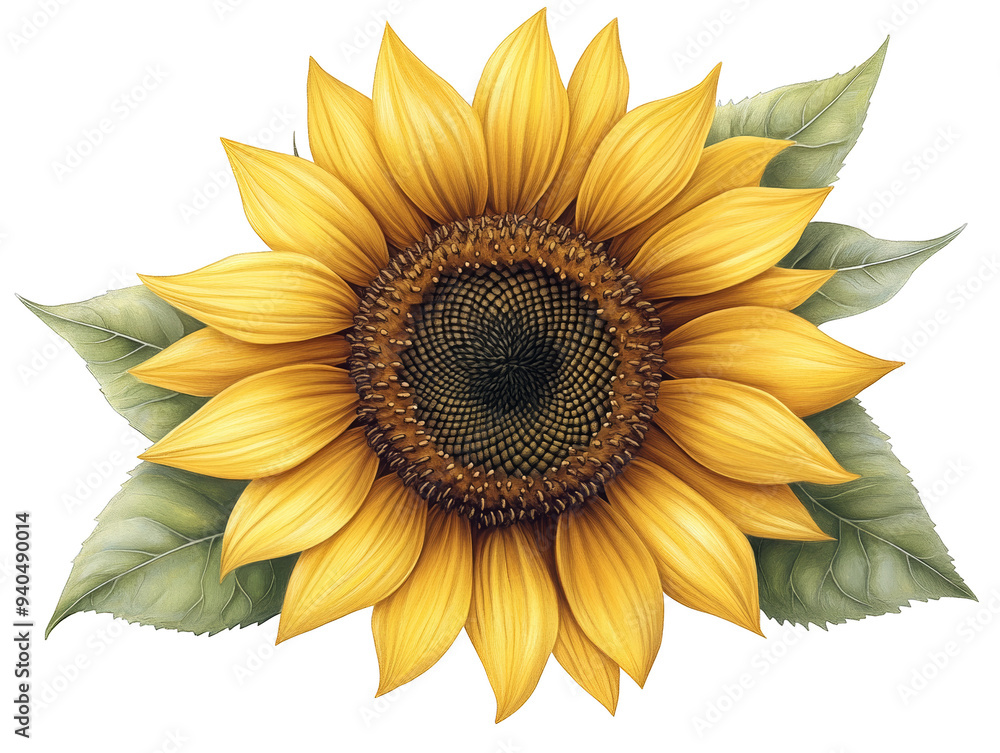 Fototapeta premium Vibrant sunflower illustration with bright yellow petals and lush green leaves, perfect for nature-themed designs.