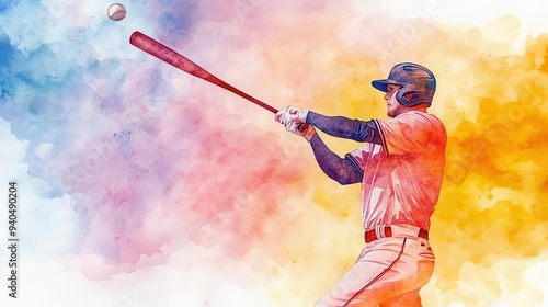 A vibrant watercolor of a baseball player swinging a bat, with the ball s trajectory traced in the background, watercolor, baseball, action