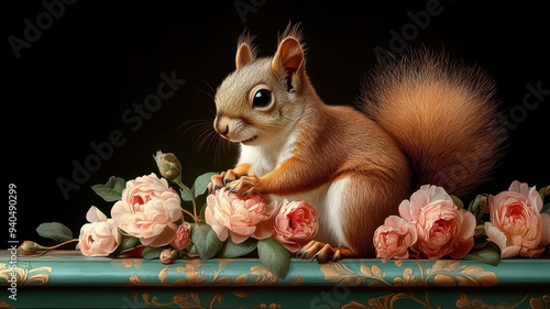 A squirrel exploring a lavish garden with intricate designs and blooming flowers, epitomizing opulence and elegance. photo