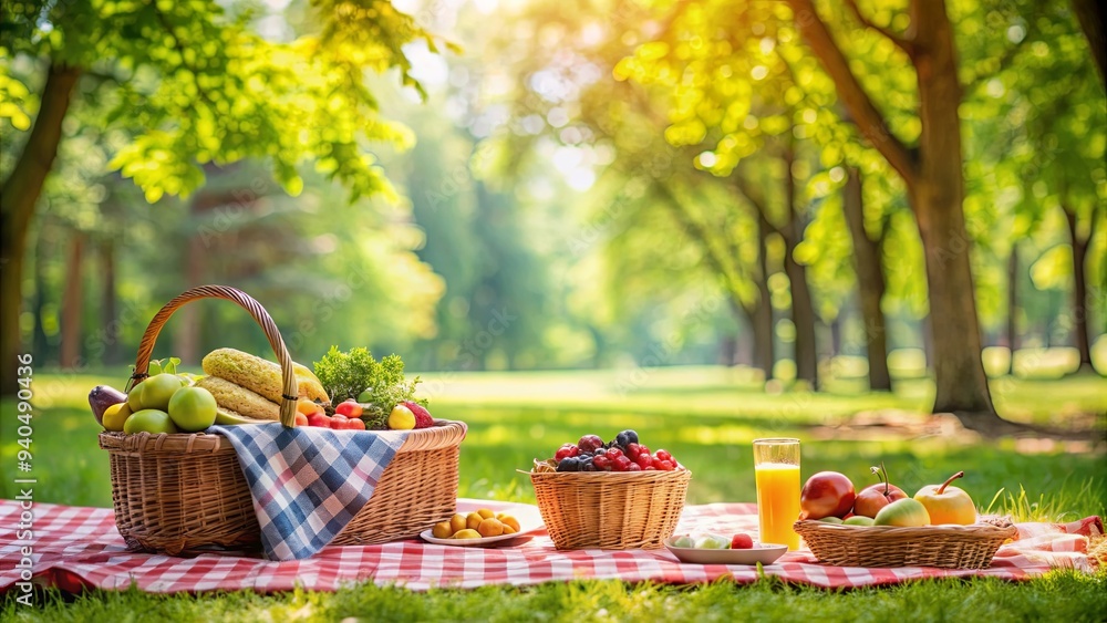 Blurred summer picnic setup in a park with fresh fruits and tall trees in the background, picnic, summer, background, park Blurred summer picnic setup in a park with fresh fruits and tall trees in the background, picnic, summer, background, park