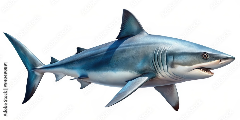 Fototapeta premium A 3D Render of a Great White Shark with Open Mouth, Isolated on White Background, Shark, Ocean, Predator