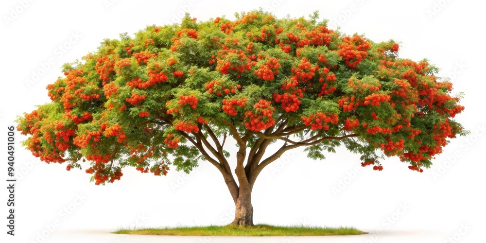 A Blooming Flame Tree Isolated on White, Nature, Tree, Blooming A Blooming Flame Tree Isolated on White, Nature, Tree, Blooming