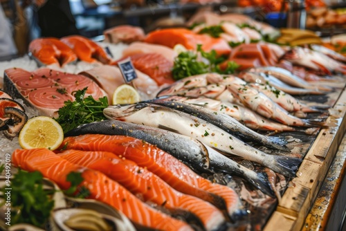 A vibrant counter at a market features a variety of fresh fish and seafood, including salmon, bass, and shrimp, all ready for customers to choose from