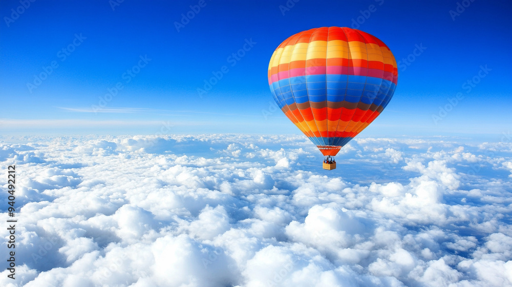 Fototapeta premium Colorful hot air balloon soaring in a bright blue sky, symbolizing freedom, adventure, and new perspectives