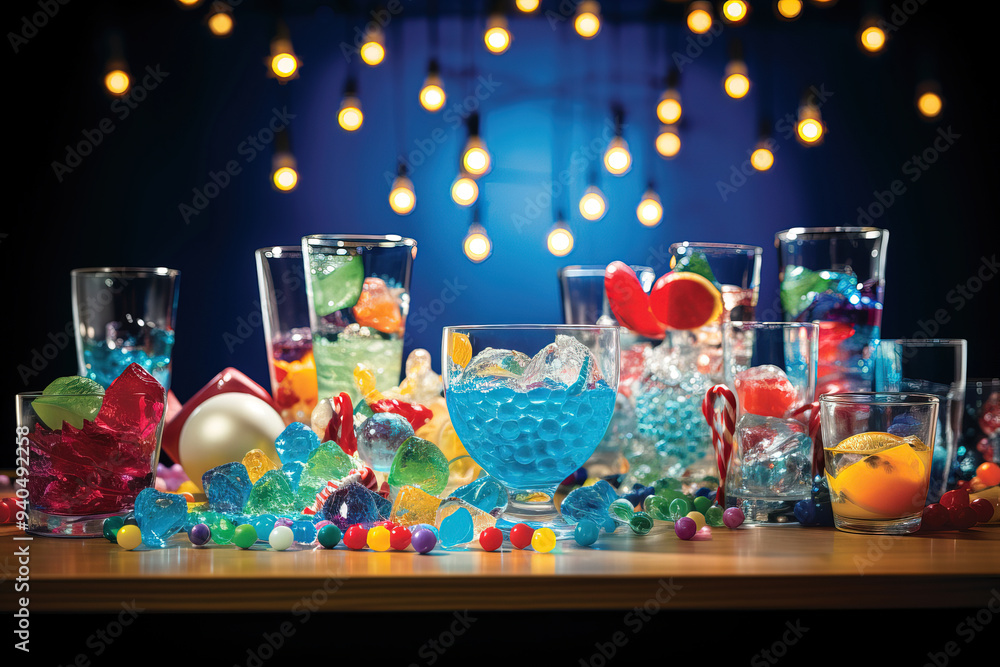 Colorful Cocktail Drinks with Ice Cubes and Candy Colorful Cocktail Drinks with Ice Cubes and Candy