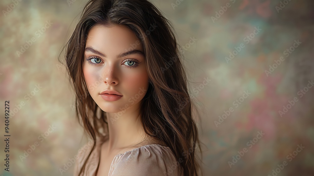 A striking portrait of a confident woman with flowing hair, softly lit against a pastel backdrop. A striking portrait of a confident woman with flowing hair, softly lit against a pastel backdrop.