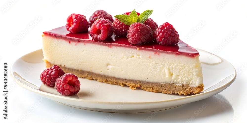 A slice of cheesecake topped with raspberries and mint, on a white plate, close-up shot, cheesecake, dessert, raspberry A slice of cheesecake topped with raspberries and mint, on a white plate, close-up shot, cheesecake, dessert, raspberry
